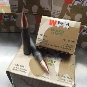 Wolf 308 Win Ammunition Military Classic WMC308FMJ145 145 Grain Bi-Metal Full Metal Jacket Case of 500 rounds